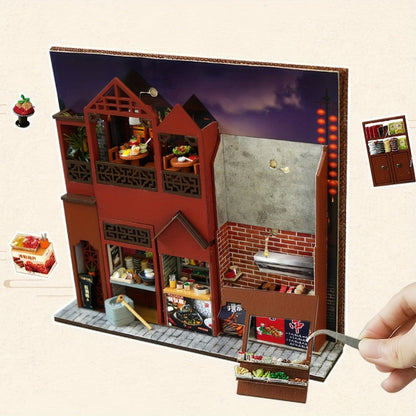 Chinese Food Street Book Nook Kit with LED-Lit Miniature Shops, Sliding Dust Cover and Wooden Shelf Insert