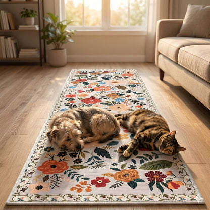 Area Rug Bohemian Floral Plush Runner with Four Machine-Washable Sizes for Bedroom or Kitchen