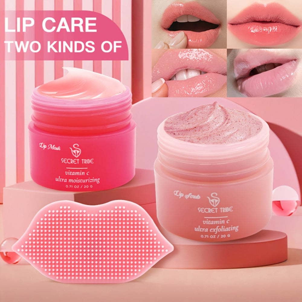 Three-Piece Lip Care Set with Lip Mask, Balm, Scrub and Brush in Strawberry and Peach-Labeled Format