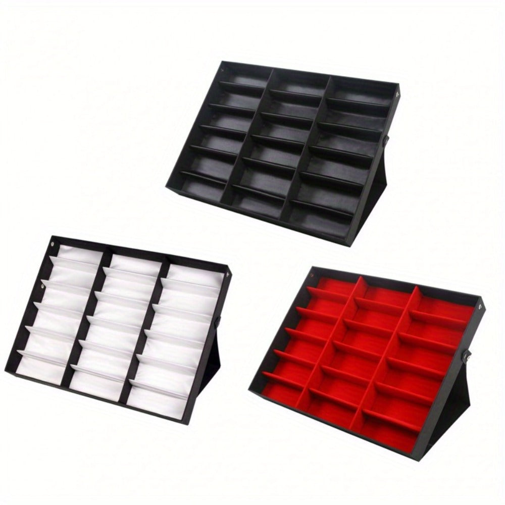 Eighteen-Grid Foldable Eyeglass Display Organizer in Black or White, Measuring 47.2 x 32 x 8 cm