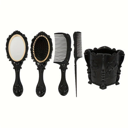 Retro Hair Comb Set with Mirror Scalp Massage Hairbrush Pocket Mirror Vintage Vanity Brush Set for Women Girls Travel Daily Grooming Makeup Gift Black