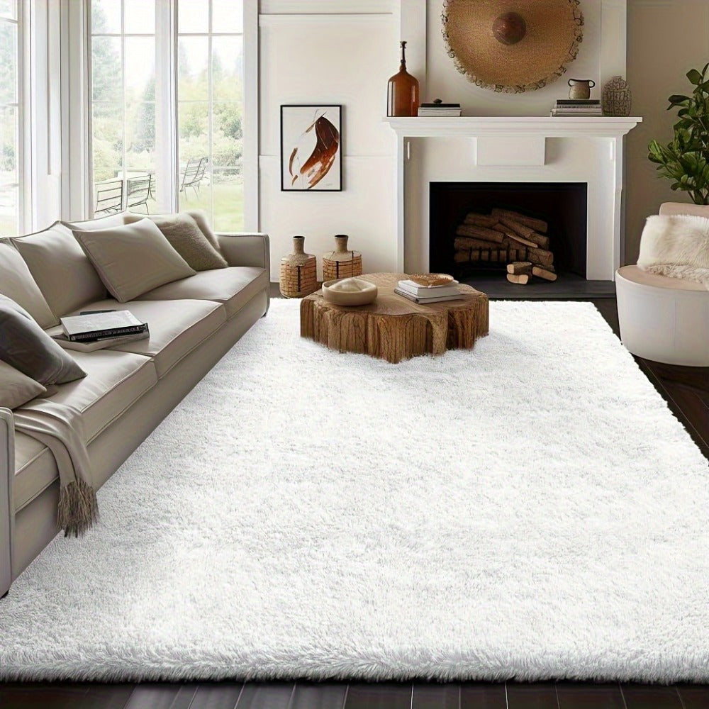 Area Rug White Fluffy High-Pile Shag in Three Washable Sizes for Living Room, Bedroom or Dorm