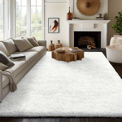 Area Rug White Fluffy High-Pile Shag in Three Washable Sizes for Living Room, Bedroom or Dorm