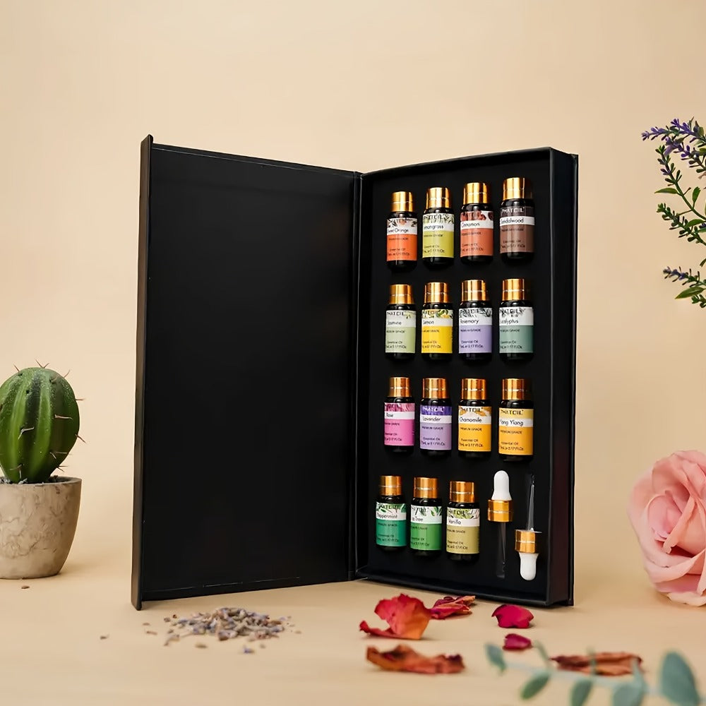 15-Bottle Essential Oil Gift Set with 5ml Assorted Scents in Black Presentation Box for Diffuser Use