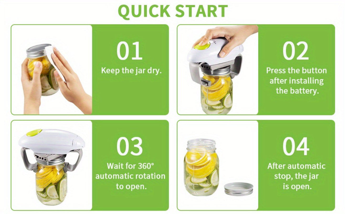 RoboTwist-Style Battery Jar Opener with One-Touch Control, Adjustable Jaws and Two Button Colors