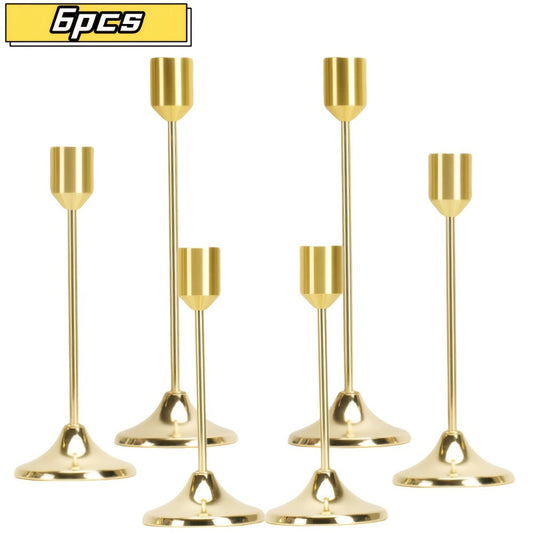 Gold Candle Holders Set of 6 – Cast Iron Single Stem Taper Candlestick Holders for Wedding Centerpieces, Candlelight Dinners, Christmas, Halloween, Thanksgiving & Anniversary Table Decor