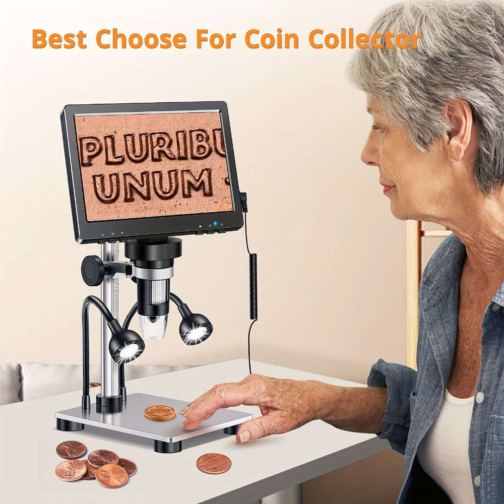 DM9 7-Inch LCD Digital Microscope 1200X 1080P 12MP | 10 Adjustable LED Lights, Super Precise Focus Welding & Coin Microscope for Adults, PC Compatible, STEM Science Gift for Men