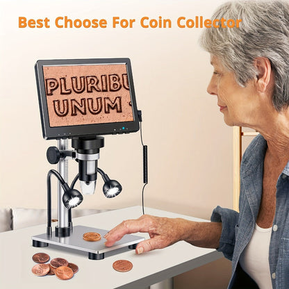DM9 7-Inch LCD Digital Microscope 1200X 1080P 12MP | 10 Adjustable LED Lights, Super Precise Focus Welding & Coin Microscope for Adults, PC Compatible, STEM Science Gift for Men