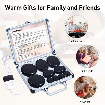Hot Stone Massage Kit with Heater & Temperature Control – 10-Piece Professional Basalt Spa Stones Set for Full Body, Neck, Back & Leg Massage Therapy at Home or Salon