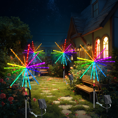 Solar Outdoor Lights 4-Pack 336-LED 3D Meteor Stakes with Remote, Multicolor Output and IP65 Rating