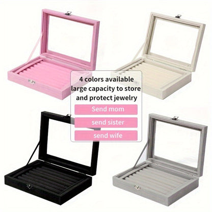 Jewelry Box with Locking Lid – 49-Ring Capacity Glass-Like Plastic Ring & Earring Organizer, Large Rectangular Storage Case, Waterproof Anti-Tarnish, 4 Colors, Holiday Gift