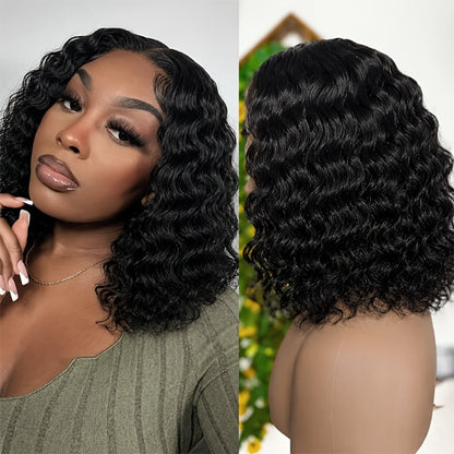 Lace Front Wig Deep-Wave Human Hair Bob, 12-Inch 1B or Natural Black with 4x4 Closure and 22.5-Inch Cap