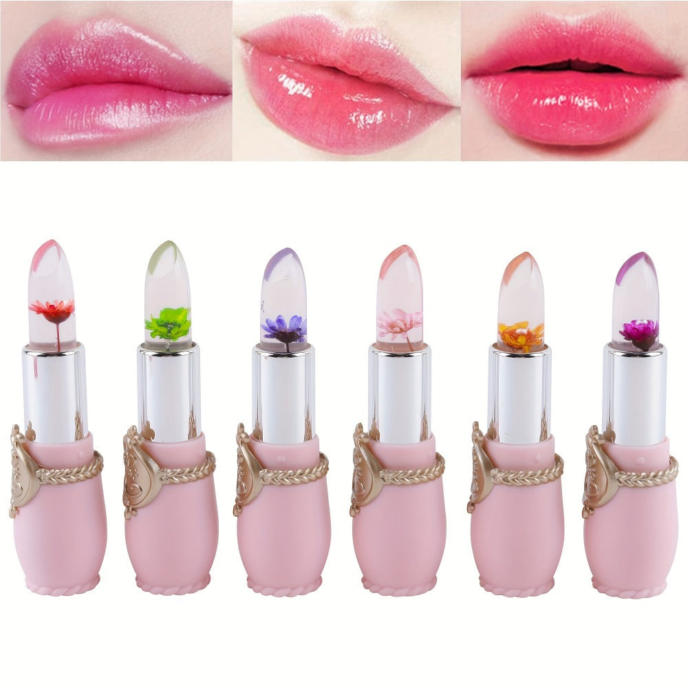 Color Changing Lip Balm Set 6PCS Flower Jelly Lipstick Thermostat Tinted Moisturizing Peach Flavor - Glossy Natural Look Lip Care Gift for Women Girls Pink Black