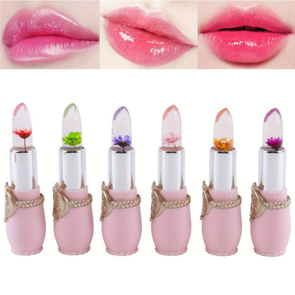Color Changing Lip Balm Set 6PCS Flower Jelly Lipstick Thermostat Tinted Moisturizing Peach Flavor - Glossy Natural Look Lip Care Gift for Women Girls Pink Black