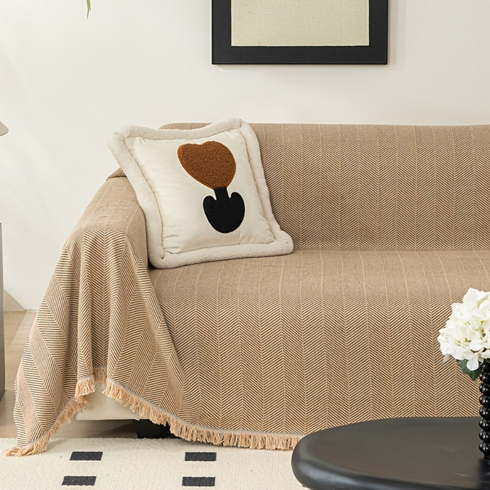 Sofa Cover 71-Inch Herringbone Jacquard Woven Throw with Tassel Fringe in Grey, Coffee, Green or Blue
