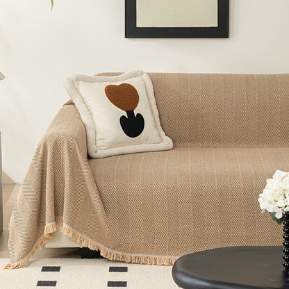 Sofa Cover 71-Inch Herringbone Jacquard Woven Throw with Tassel Fringe in Grey, Coffee, Green or Blue