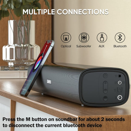 2.1 Channel Soundbar with Subwoofer for TV PC Gaming – Wireless Bluetooth Optical AUX Wall-Mountable Surround Sound System, Plug & Play Home Theater Speaker