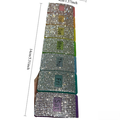 Rhinestone Weekly Pill Organizer with Seven Color-Coded Day Compartments in Slim Rectangular Case