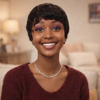 Brazilian Human Hair Pixie Cut Wig 150% Density Short Straight Machine Made Rose Net Cap Glueless Natural Black 4 Inch | Beginner Friendly Easy Wear Women