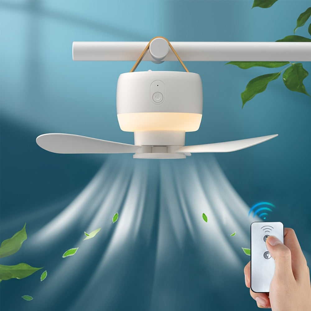 Hanging Three-Blade Camping Fan with Remote Control, Warm LED Light, White Housing and USB Rechargeable Power