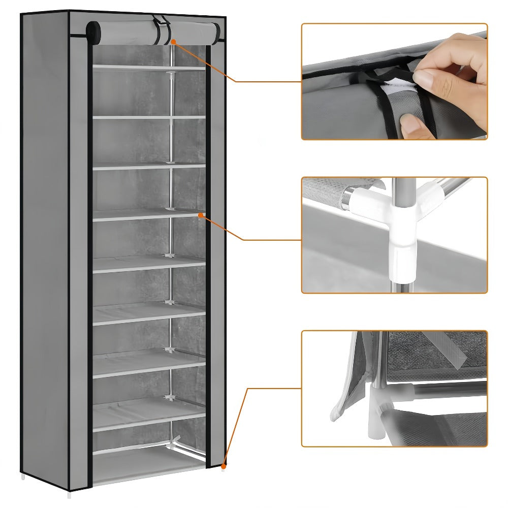Shoe Rack with Dust Cover – 6/8/10 Tier High-Capacity Space Saving Shoe Organizer, Easy Assembly, 12mm Pipe, Entryway Closet & Wardrobe Storage Rack