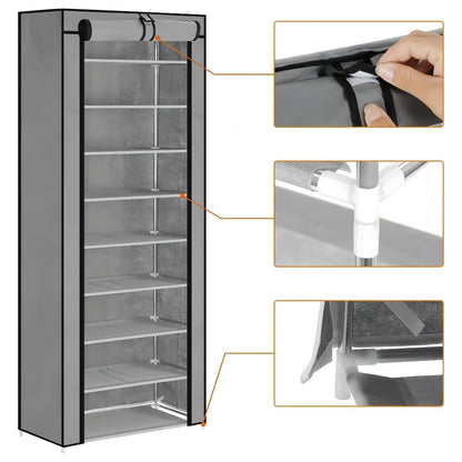 Shoe Rack with Dust Cover – 6/8/10 Tier High-Capacity Space Saving Shoe Organizer, Easy Assembly, 12mm Pipe, Entryway Closet & Wardrobe Storage Rack