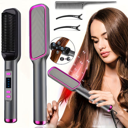 Four-Color Electric Hair Straightener Brush with Digital Display, Temperature Buttons and 10.6-Inch Body