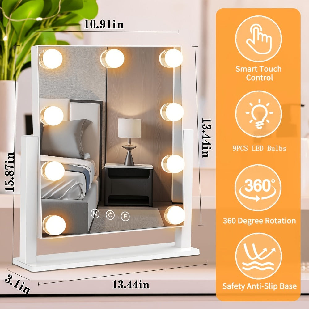 Lighted Makeup Mirror 5X Magnifying 9 LED Hollywood Vanity Mirror - 3 Color Lighting Modes, 360° Rotating, USB Powered Touch Control Tabletop Makeup Mirror for Women Desk Bedroom Gift