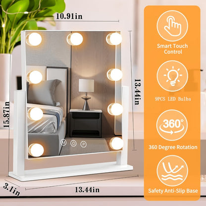 Lighted Makeup Mirror 5X Magnifying 9 LED Hollywood Vanity Mirror - 3 Color Lighting Modes, 360° Rotating, USB Powered Touch Control Tabletop Makeup Mirror for Women Desk Bedroom Gift