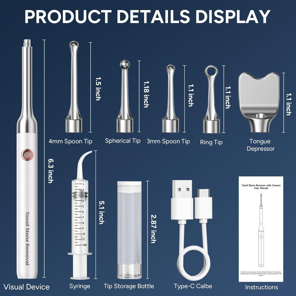 Visual Tonsil Stone Remover with 1080P HD Camera – 6 LED Lights, 5 Stainless Steel Heads, Bad Breath Prevention, iOS & Android Compatible, At-Home Tonsil Care Kit