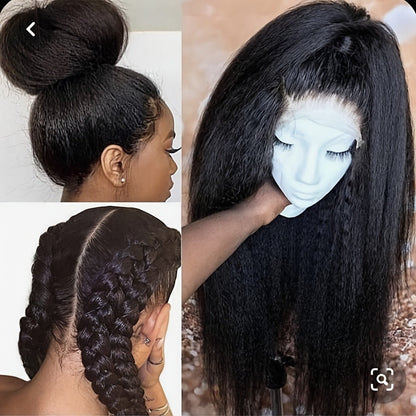 Synthetic Wig 26-Inch Black Kinky-Straight Yaki with HD Lace Front, Glueless Cap and 160°C Fiber