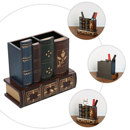 Wooden Pen Holder with Drawer Book-Shaped Desk Organizer, Vintage Retro Wood Desktop Storage Box with Hidden Drawer for Pens Pencils Remote Control, Decorative Office Home Study Room Gift