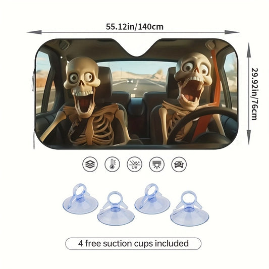 Car Windshield Sunshade Skull Pattern UV Blocking – Front Window Sun Shade with 4 Suction Cups Universal Fit Keeps Car Cool Skeleton Design