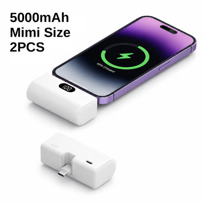 Mini Power Bank 5000mAh USB-C Foldable Plug Built-in Cable 10W Fast Charge LED Display Compact Portable Charger for iPhone 15 16 17 Samsung Android – Black White Pink Purple Green (1pc/2pcs)