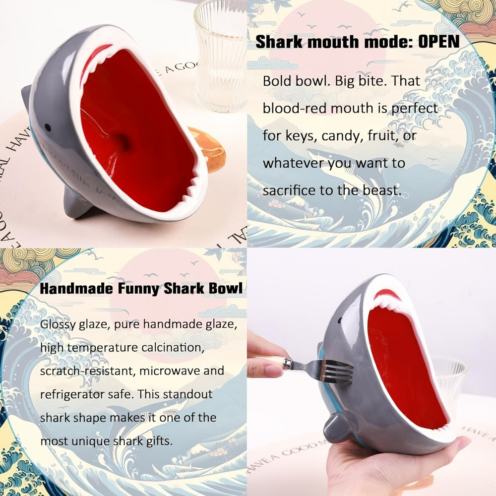 40 oz Handmade Ceramic Shark Ramen Bowl in Gray for Soup, Snacks, Fruit and Entryway Storage