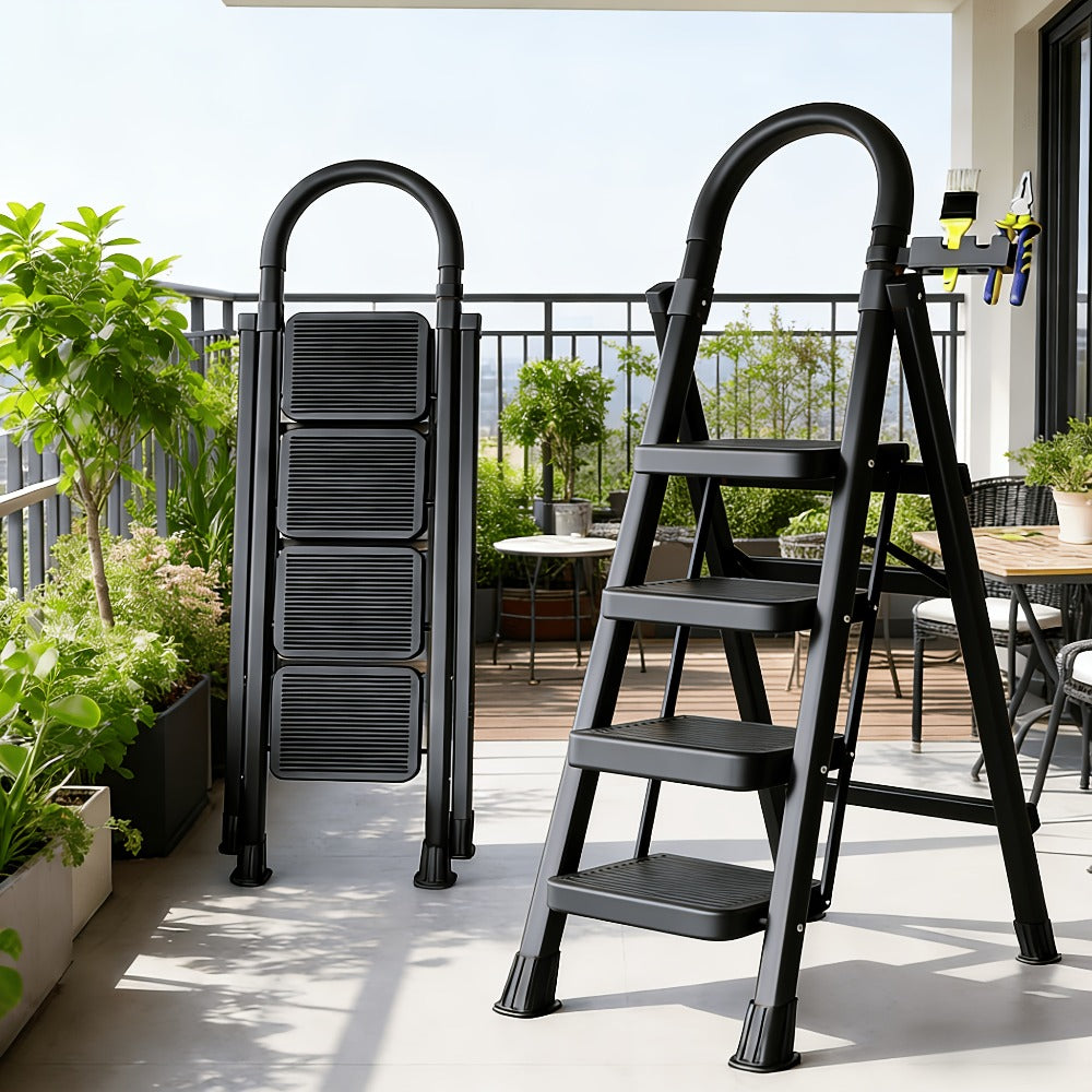 Folding Step Stool Ladder 500lbs Heavy Duty Steel with Anti-Slip Wide Treads & Handrails – Safety Lock, Portable Multi-Step Ladder for Home, Kitchen & Outdoor Use, Mini / Medium / Large