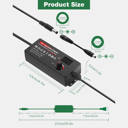 Adjustable 4–24V AC/DC Power Adapter with 48W Label, LCD Readout, Knob and Polarity Converter Set