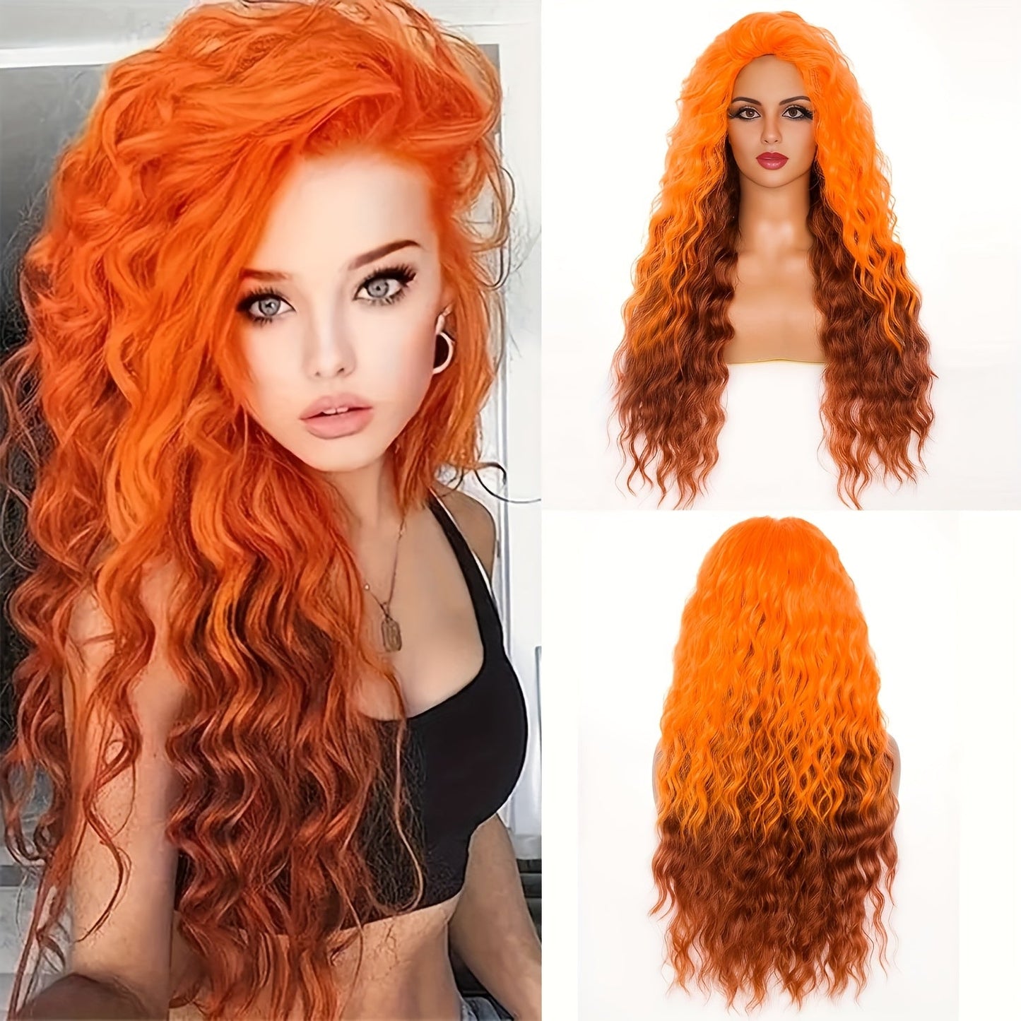 Synthetic Wig 30-Inch Long Curly Waves with Dark Roots, Middle Part and Three Ombre Colors