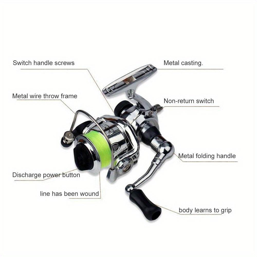 Mini Spinning Fishing Reel with Folding Handle, Green Line Spool and Compact 9 x 9 x 8 cm Profile