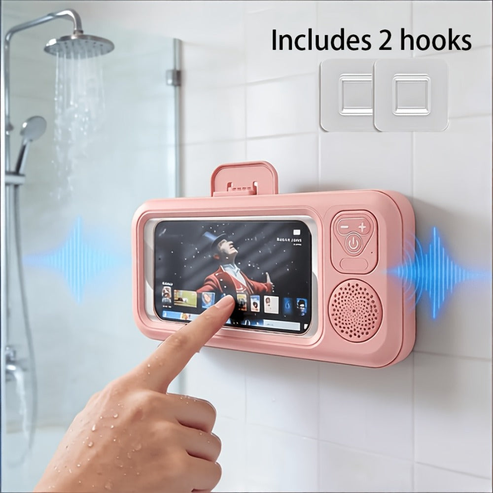 Shower Phone Holder Wall Mount with Bluetooth Speaker – 360° Rotating Waterproof Touchscreen Bathroom Phone Stand for iPhone 16 15 14 13 Samsung Galaxy Android – Hands-Free Bathtub Mirror Mount Black Pink White