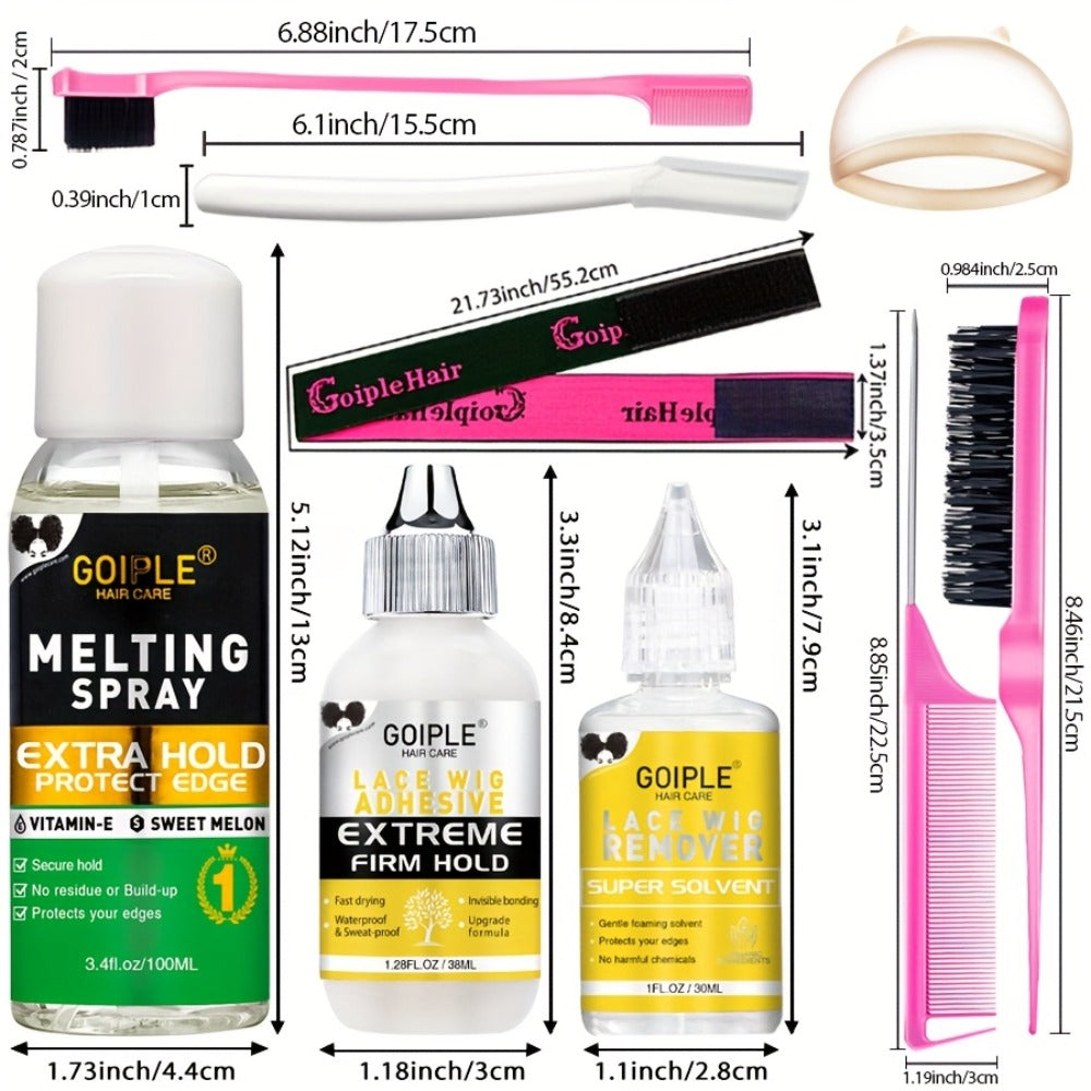 Lace Wig Glue Kit 10pcs Complete Set with Lace Melting Spray Liquid Adhesive Remover Strong Hold Quick Dry for Beginners | Lace Front Full Lace Wig Fixing Tools