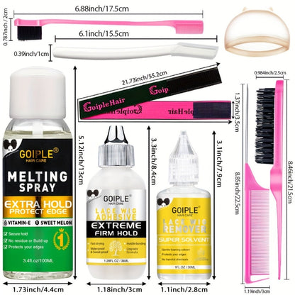 Lace Wig Glue Kit 10pcs Complete Set with Lace Melting Spray Liquid Adhesive Remover Strong Hold Quick Dry for Beginners | Lace Front Full Lace Wig Fixing Tools
