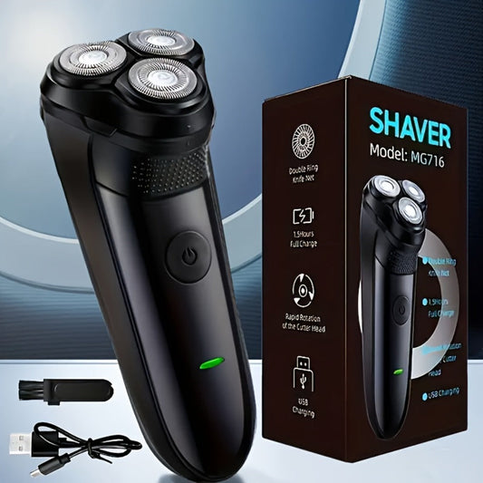 Electric Shaver Cordless Rotary Grooming Kit with USB Charging Cable in Blue or Black for Daily Use