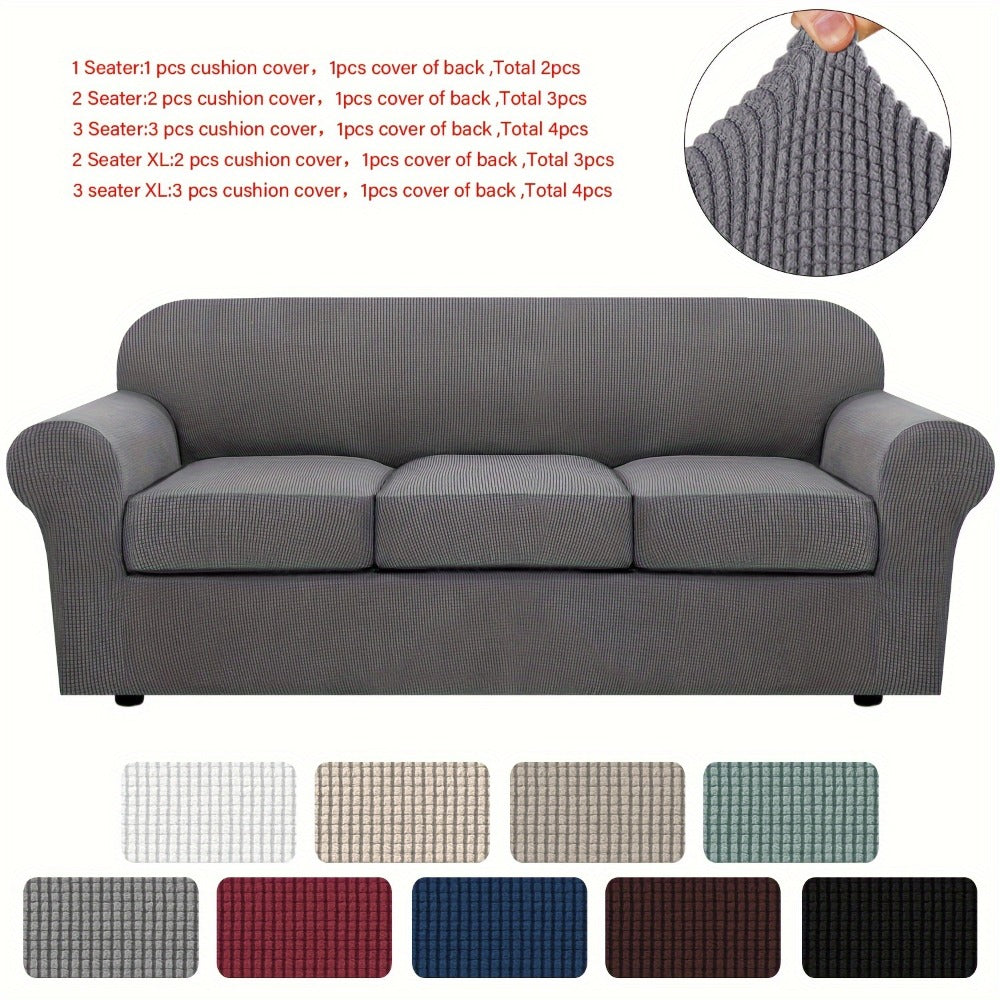 Sofa Cover Grid Jacquard Elastic Full-Cover Slipcover with Anti-Slip Fit for 1 to 3 Seats and XL Sofas