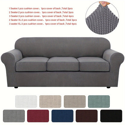 Sofa Cover Grid Jacquard Elastic Full-Cover Slipcover with Anti-Slip Fit for 1 to 3 Seats and XL Sofas