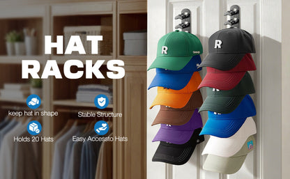 Wall Mounted Hat Rack for Baseball Caps – Adhesive or Drill Mount, Holds 20 Hats, Multilayer Storage, 2pcs