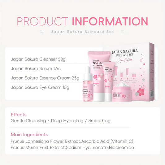 Niacinamide Brightening Sakura Skincare Gift Set 4pcs Serum Eye Cream Moisturizer Foam Cleanser - Complete Brightening Hydrating Routine for Uneven Complexion Dark Spots Women