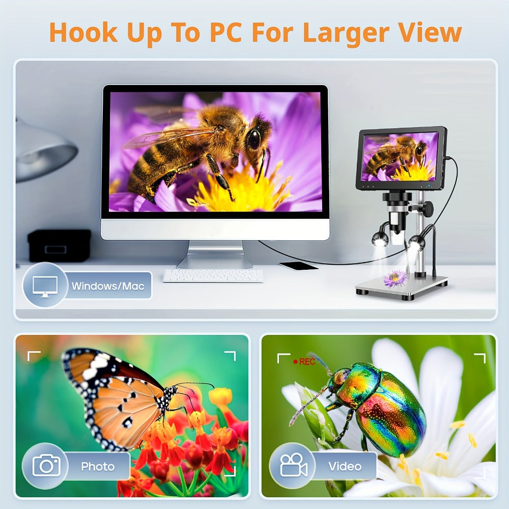 DM9 7-Inch LCD Digital Microscope 1200X 1080P 12MP | 10 Adjustable LED Lights, Super Precise Focus Welding & Coin Microscope for Adults, PC Compatible, STEM Science Gift for Men