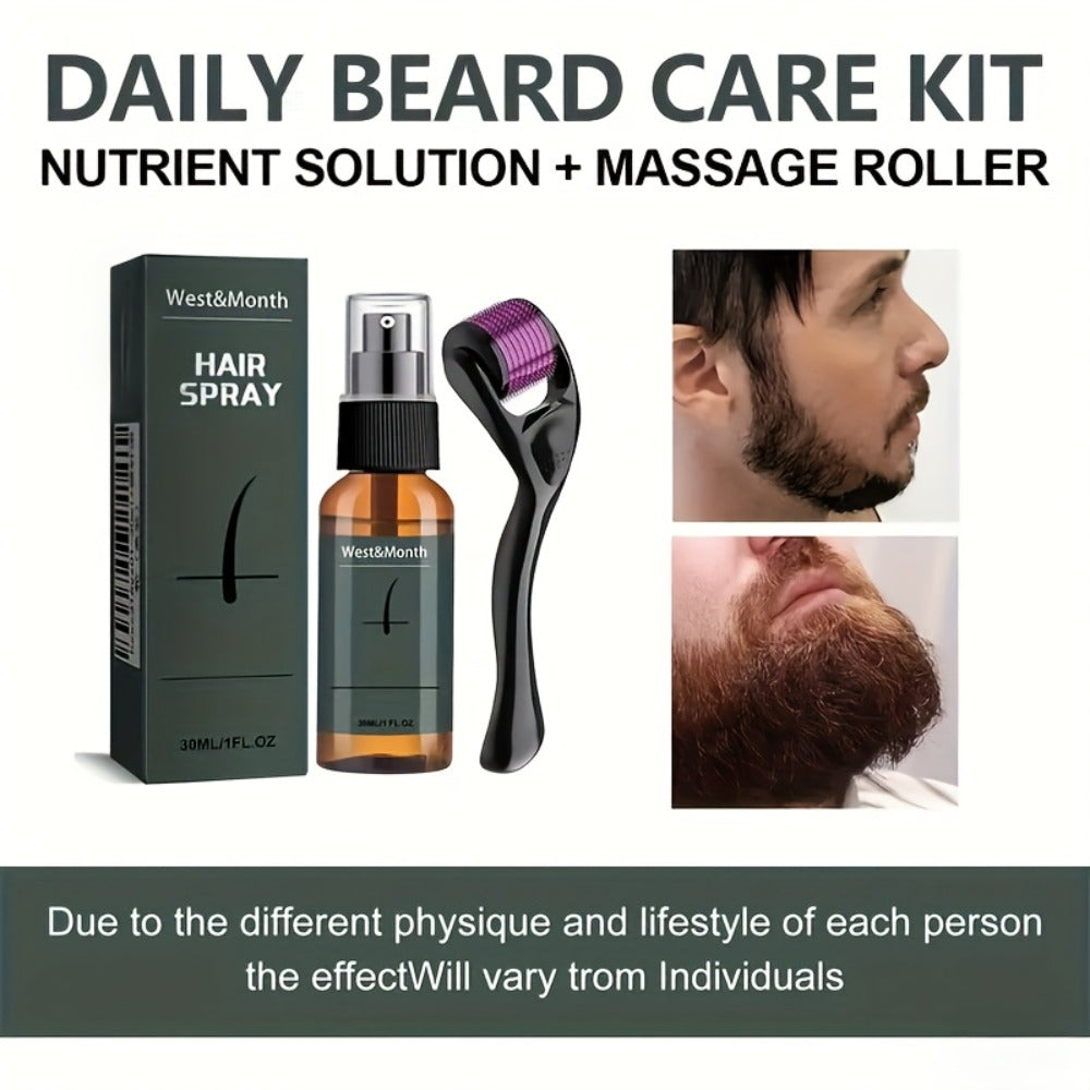 Beard Growth Spray Kit for Men 30ml Ginseng Ginger Extract Beard Moisturizer with 0.25mm Microneedle Derma Roller for Fuller Thicker Healthier Beard Care Grooming Gift for Dad Husband