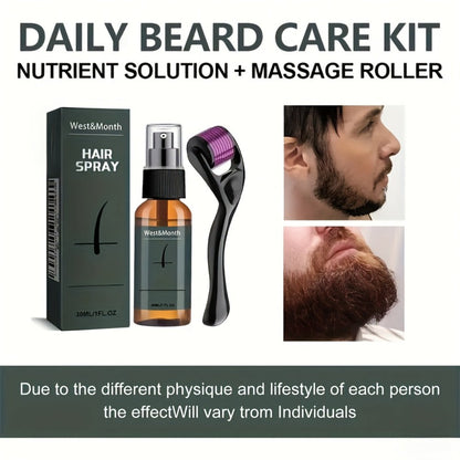 Beard Growth Spray Kit for Men 30ml Ginseng Ginger Extract Beard Moisturizer with 0.25mm Microneedle Derma Roller for Fuller Thicker Healthier Beard Care Grooming Gift for Dad Husband